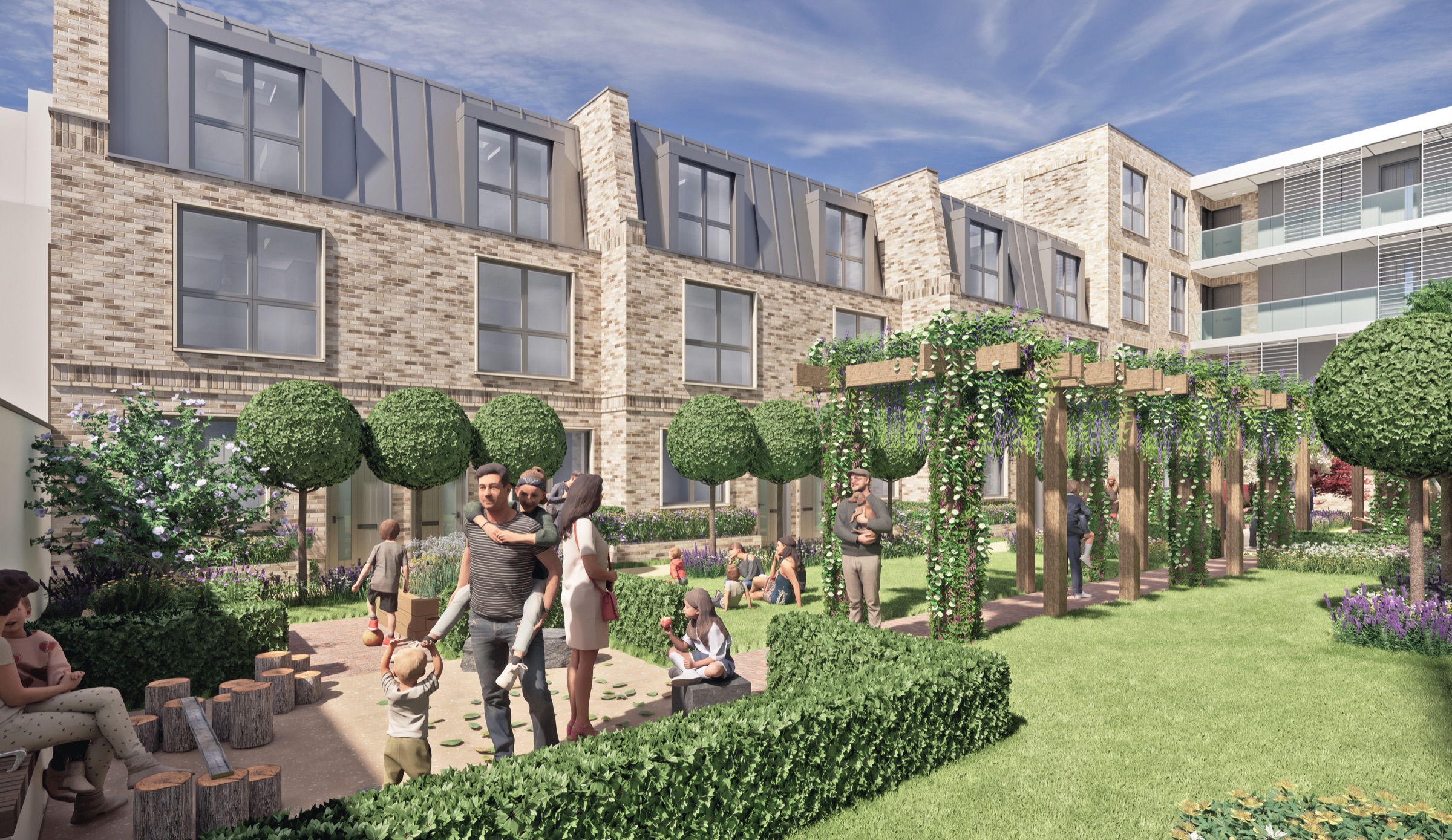 CGI within the courtyard looking south-west toward the townhouses and pergola