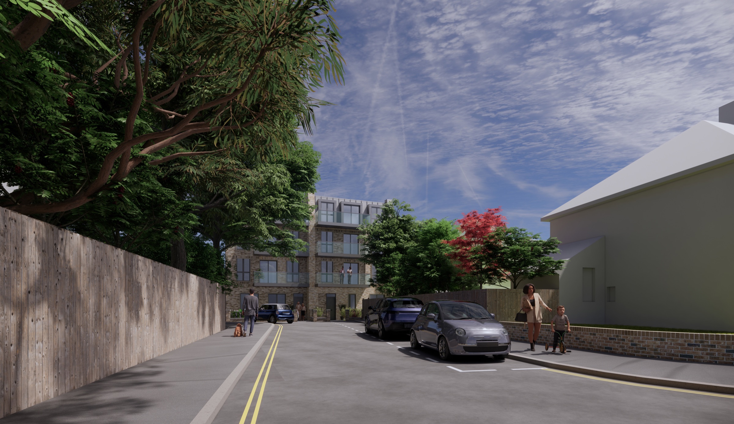 CGI view from the south-west along Seething Wells Lane toward the proposed development