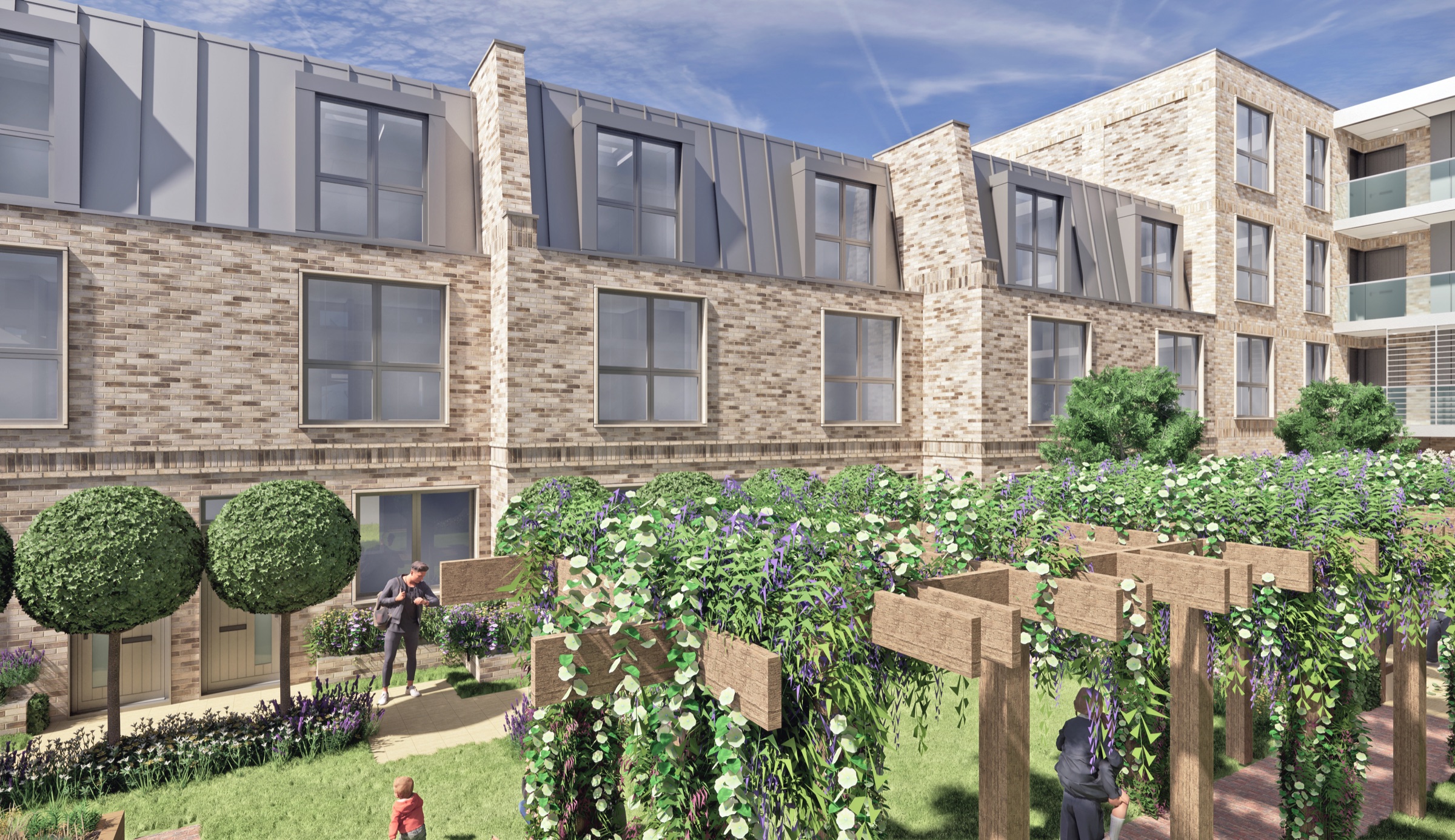 CGI of the townhouse terrace elevation and pergola from the courtyard