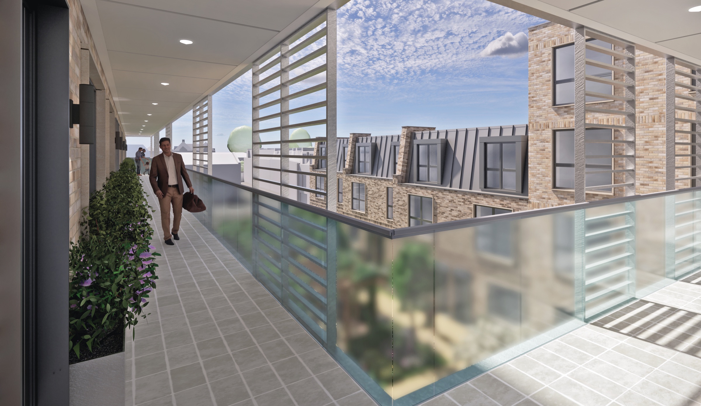 CGI from the deck access walkway looking south over the courtyard